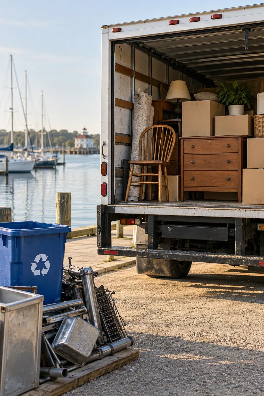 Illustrative photo: the back of a truck loaded with furniture and boxes sorted for donation, with a recycling bin and scrap metal set aside.