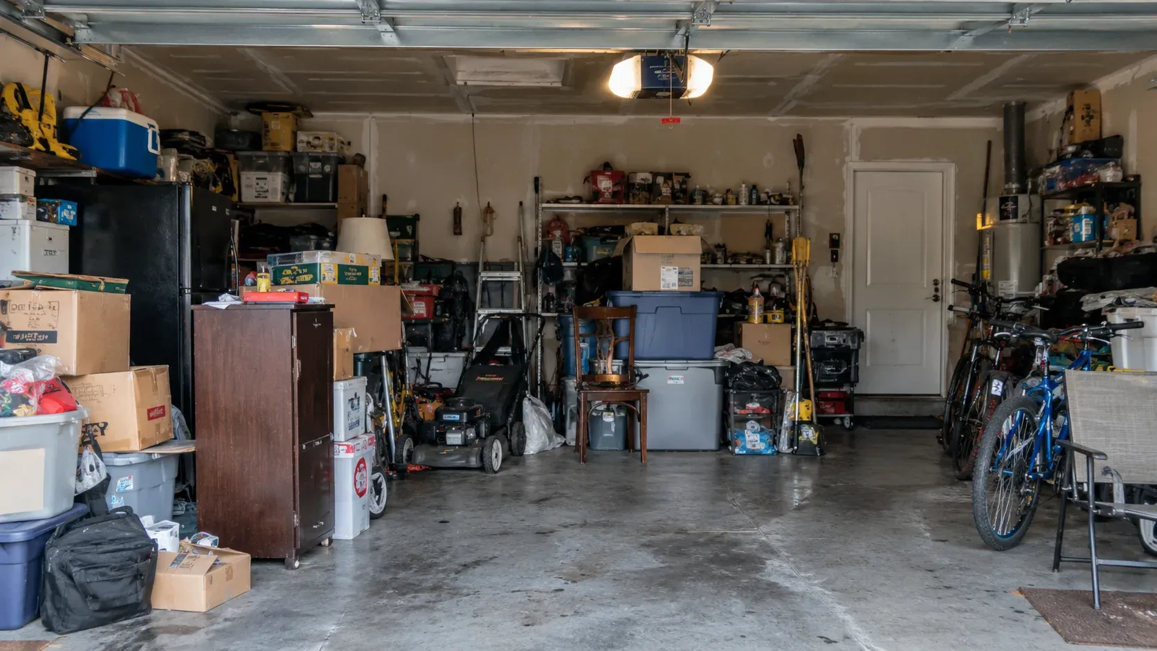 Before: a garage packed with boxes, storage bins, a refrigerator, a lawn mower, shelving and bicycles.