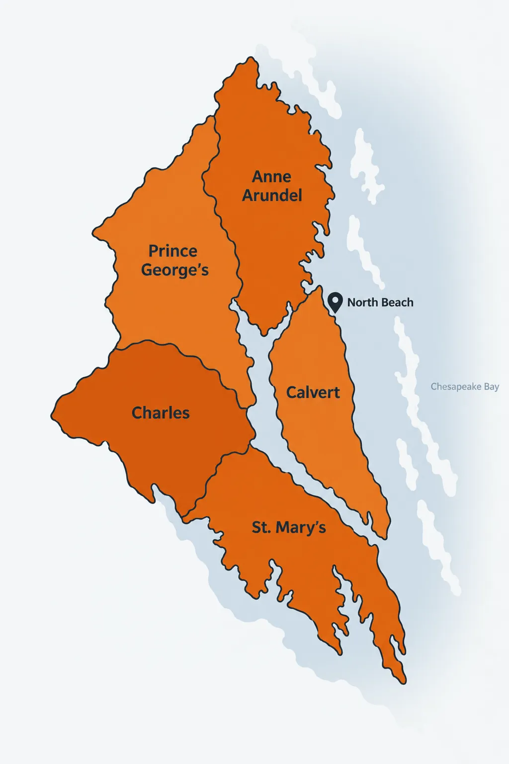 Map of Southern Maryland showing Bay Bravo's service area around North Beach.